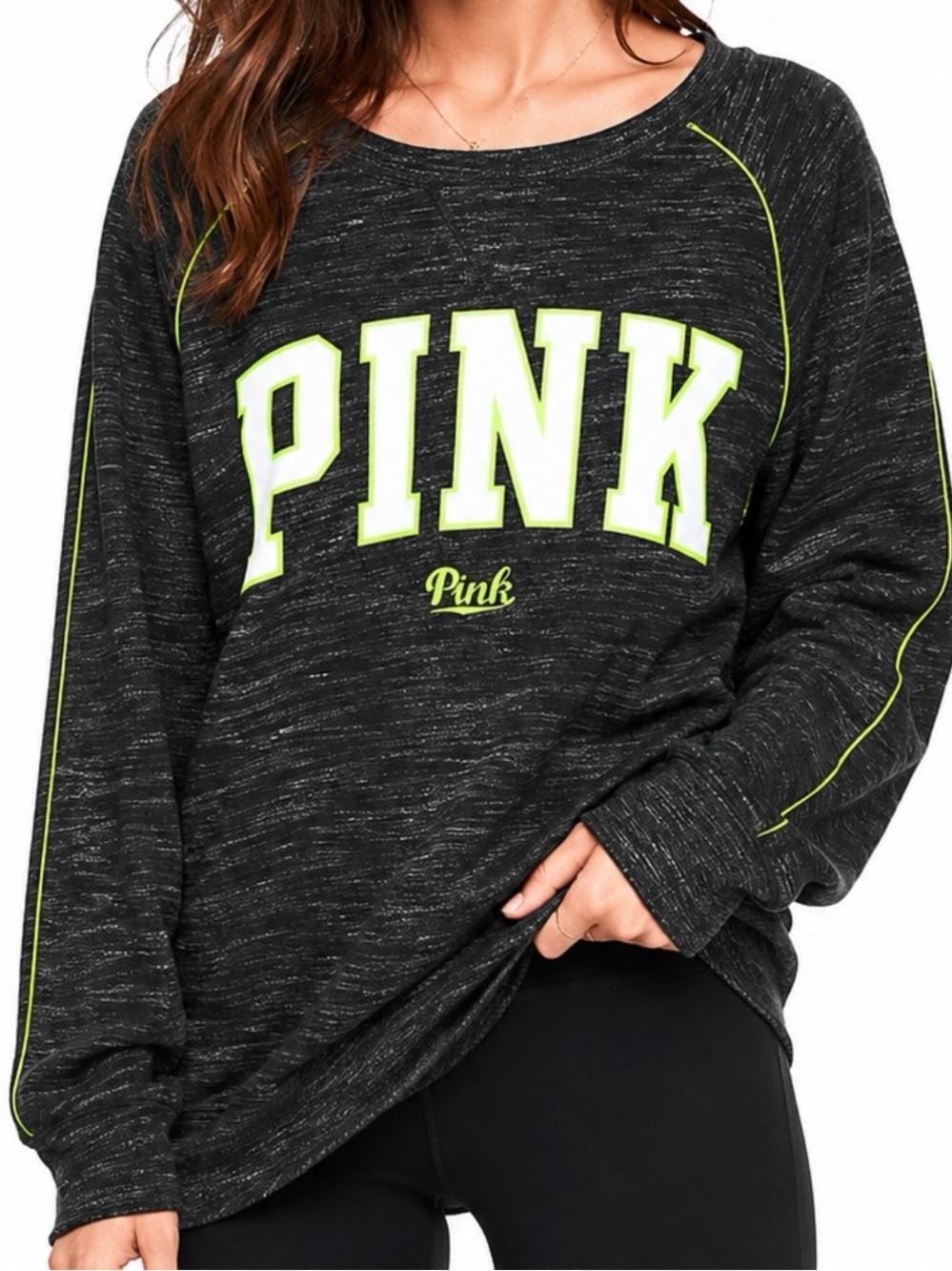Victoria’s Secret PINK Perfect Campus Crew Sweatshirt Black Neon Logo L